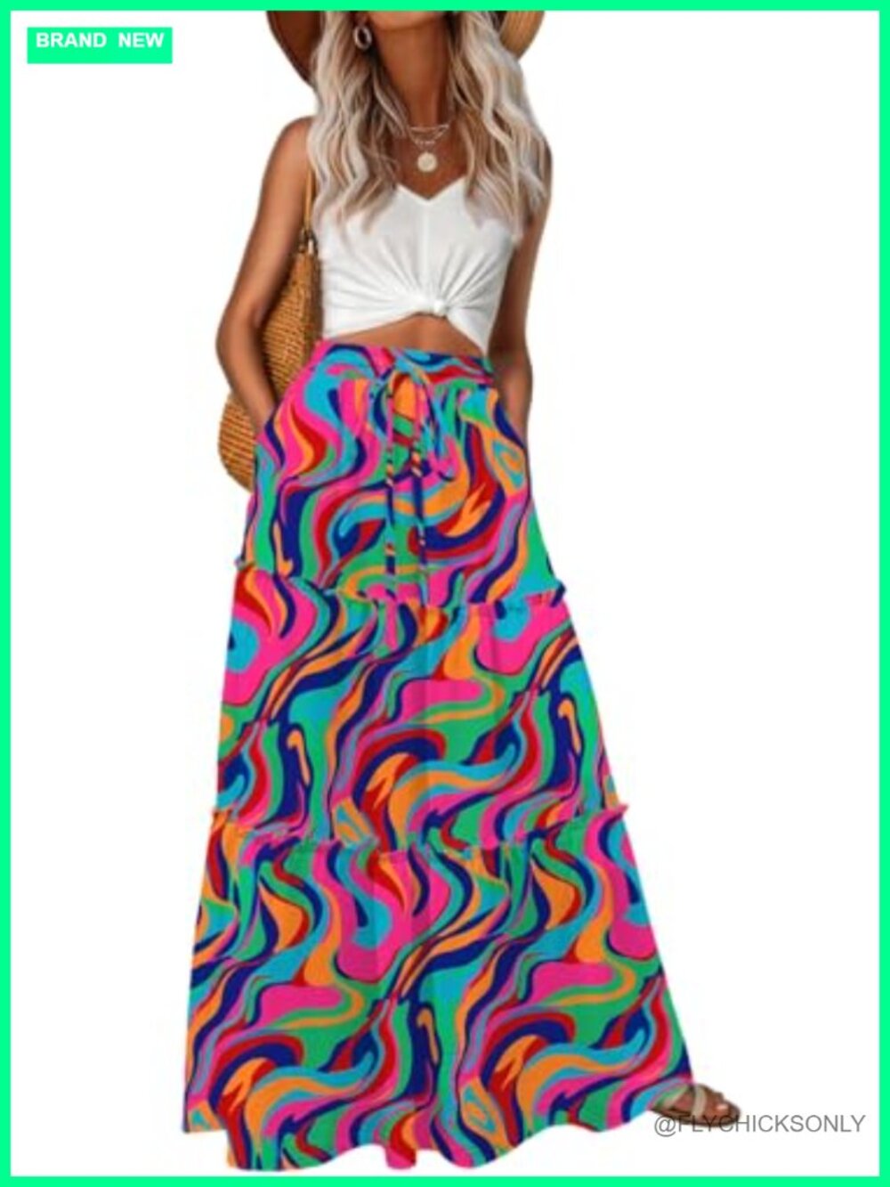 Womens High Waisted Tiered Floral Maxi Skirt with Pockets